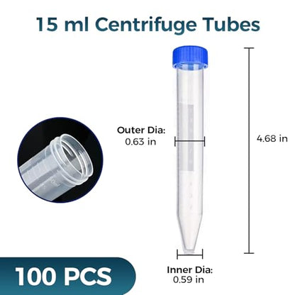 100Pack 15ml Centrifuge Tubes with Screw Cap, Sterile Plastic Conical Test Tube, with Graduated Marks and Writing Area Non-Pyrogenic, DN/RNase Free for Lab - size: 15ML-100PACK