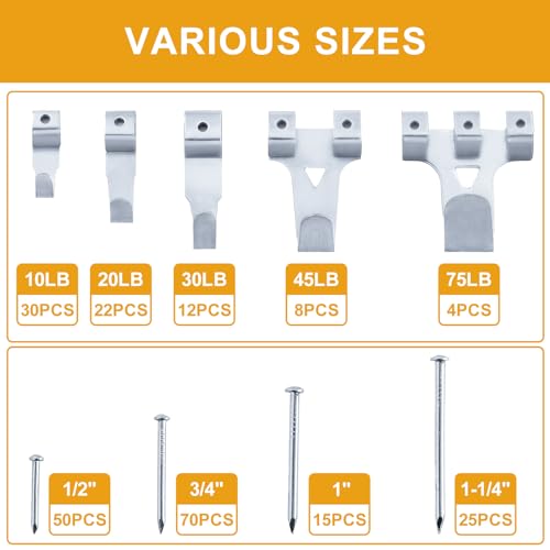 KURUI 303Pcs Metal Picture Hanging Kit with Heavy Duty Picture Hangers - size: Silver