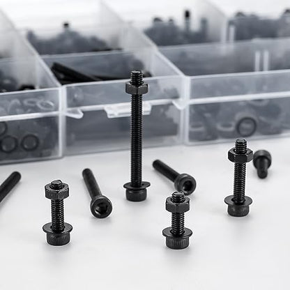 M3 Hex Socket Head Cap Screws Bolts and Nuts and Washers Assortment Kit, 801 Pcs Metric Allen Hex Socket Head Cap Screws Bolts, 12.9 Grade Alloy Steel, Fully Threaded, Black Oxide Finish - size: M3-801