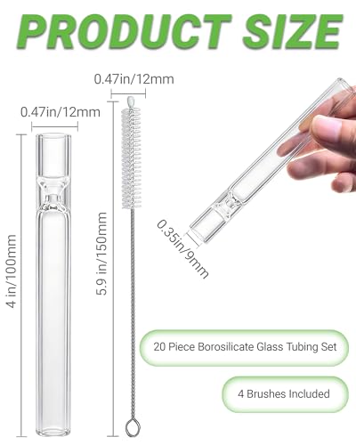 20 Pcs Borosilicate Glass Tubes 4 Inch (10 cm), Thick Glass Blowing Tubes, 2mm Wall Heat Resistant for Lab Experiments DIY Projects Industrial Use, Acid Alkali Resistant, Transparent - size: 20 Pack Transparent Tubes W 4 Brushes