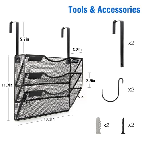 BOHDK Wall File Organizer, 3 Tire Hanging File Folder Mail Organizer, Vertical Mesh Metal Door/Wall Mount Hanging File Holder, Paper Document Magazine Rack with Hooks for Home Office Black