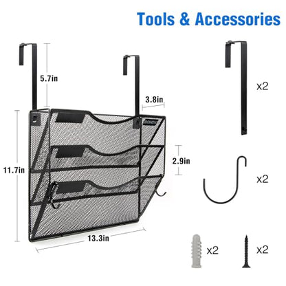 BOHDK Wall File Organizer, 3 Tire Hanging File Folder Mail Organizer, Vertical Mesh Metal Door/Wall Mount Hanging File Holder, Paper Document Magazine Rack with Hooks for Home Office Black