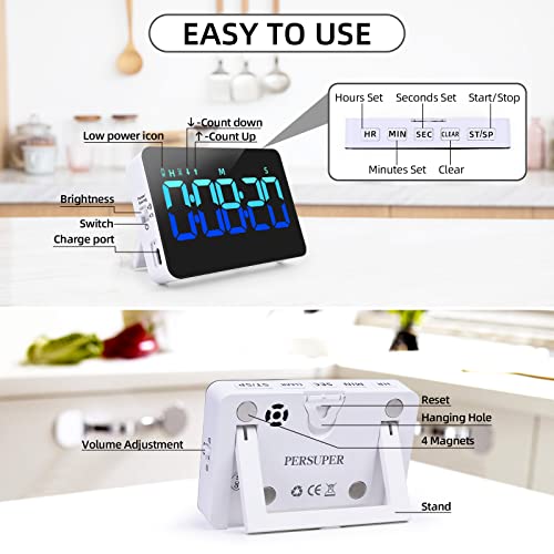 PERSUPER Kitchen Digital Timer, Count Down Up, Rechargeable, Vibration Mode - color: Blue