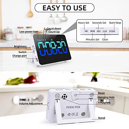PERSUPER Kitchen Digital Timer, Count Down Up, Rechargeable, Vibration Mode - color: Blue