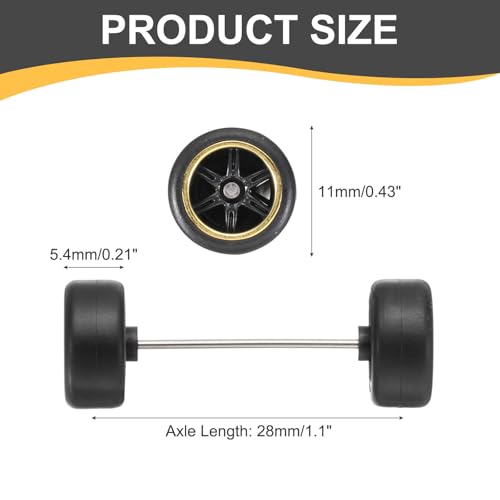 MECCANIXITY 4 Set 1/64 Wheels and Tires Set, Real Riders Rims Includes Axles for RC Diecast Car DIY Model, 6-Spoke Gold Line Black Rims