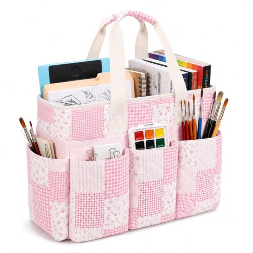 Floral Quilted Craft Storage Tote Bag Sturdy Art Supply Organizer - color: Pink Patchwork