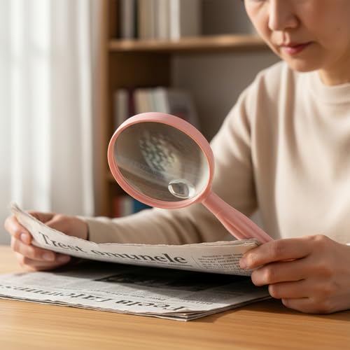 Handheld Reading Magnifier, 10X Large Magnifying Glass 3 Inch Shatterproof Lens with Non-Slip Handle for Seniors Reading, Close Work, Nature Exploration, Hobby Observation, Pink