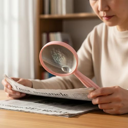 Handheld Reading Magnifier, 10X Large Magnifying Glass 3 Inch Shatterproof Lens with Non-Slip Handle for Seniors Reading, Close Work, Nature Exploration, Hobby Observation, Pink
