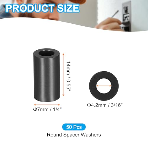PATIKIL 50Pcs ABS Spacers 4mm ID, 7mm OD, 14mm Height Plastic Round Stud Spacer Black Nylon Washers Nut Unthreaded Rubber for M4 Screws Bolts Barrel - size: 4mm ID, 7mm OD, 14mm Height