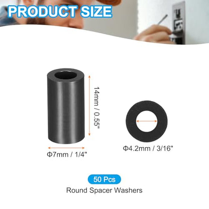 PATIKIL 50Pcs ABS Spacers 4mm ID, 7mm OD, 14mm Height Plastic Round Stud Spacer Black Nylon Washers Nut Unthreaded Rubber for M4 Screws Bolts Barrel - size: 4mm ID, 7mm OD, 14mm Height