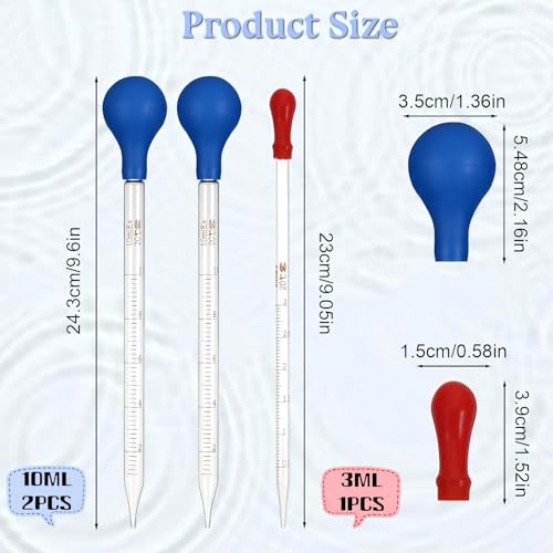 3Pcs Glass Graduated Pipettes Dropper, 10ml & 3ml Liquid Dropper with Rubber Bulb for Lab Home DIY Craft