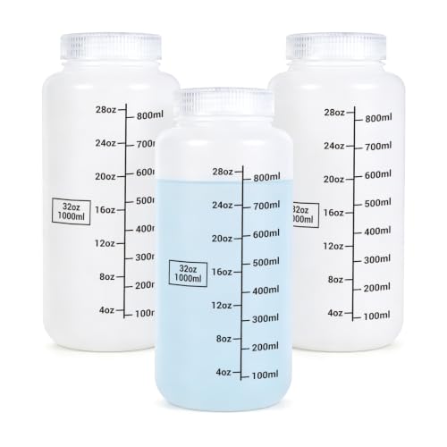 METAPACK 32 oz/1000 ml Wide Mouth Plastic Bottles with Airtight Lids, Graduated Food Grade HDPE Sample Containers, Leakproof for Water, Lab Liquids, Medicine and Powder Storage, Translucent, 3 Pack - size: 32 Ounces