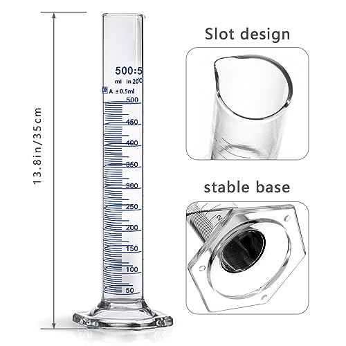 Thick Glass Graduated Cylinder Measuring Liquid Lab Hexagon Base Cylinders Come with Glass Dropper (Glass, 500ML) - size: 500ml