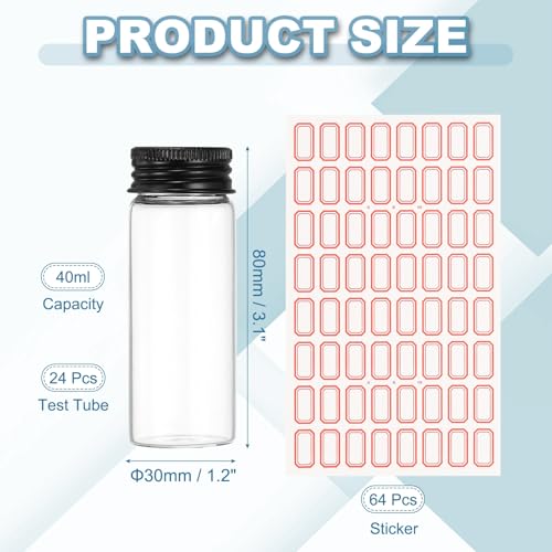 PATIKIL 40ml Test Tubes with Caps, 24Pcs 30x80mm Glass Clear Flat Bottom Test Tube Containers with Plastic Cap for Bead Party Candy Bath Salt Storage Scientific Experiment Plant(Black) - color: Black, size: 30x80mm