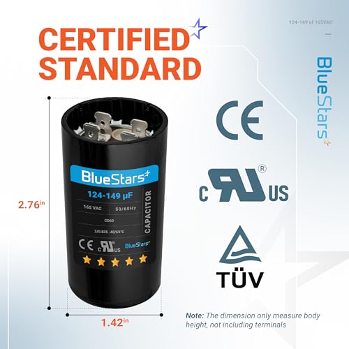 [2025 Upgraded] BlueStars 124-149 uf/MFD 165VAC Round Run Start Capacitor Replacement Part - Exact Fit for AC Motor Run or Fan Start and Cool or Heat Pump Air Conditioner - size: 124-149 MFD 165 VAC