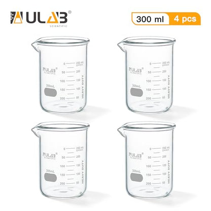 ULAB Scientific Glass Beakers, Vol. 300ml, 3.3 Borosilicate Griffin Low Form with Printed Graduation, Pack of 4, UBG1034 - style: Vol.300ml, Pack of 4