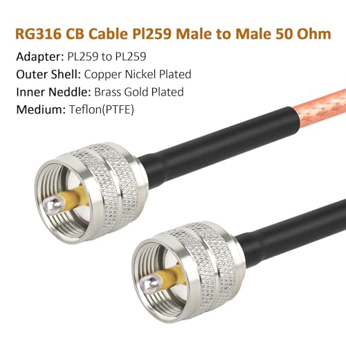 MOOKEERF RG316 CB Coax Cable 2ft,2 Pack UHF PL259 Male to Male CB Antenna Cable 50 Ohm for HAM Radio,Antenna Analyzer,Dummy Load,SWR Meter - size: 2FT