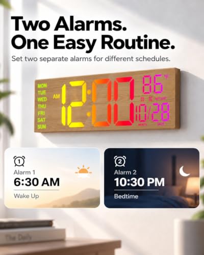 HAITANG 16.2" Wood Digital Wall Clock, 8 Colors, Remote & Night Light - color: Wood