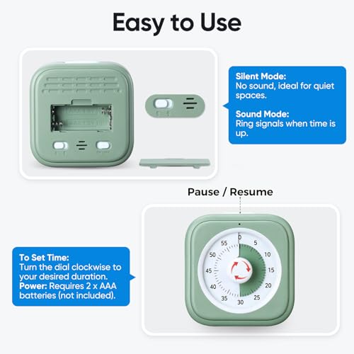 60 Minute Visual Timer for Kids, Silent Countdown Clock, Time Management Tool for Homeschool Study Supplies, Classroom, Home, Kitchen, Desk (Green) - color: Green