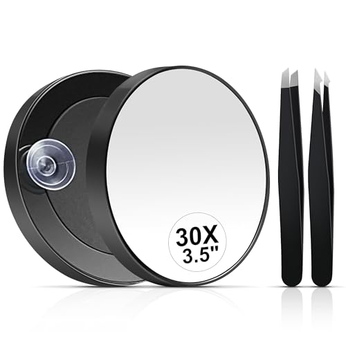 MIYADIVA 30X Magnifying Mirror, Small Travel Mirror with Suction Cup and Tweezers, 3.5 Inches - color: Black-30x