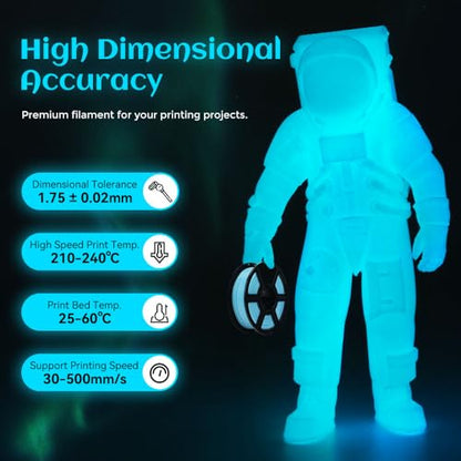 FLASHFORGE Glow in The Dark Rapid PLA Filament 1.75mm, High Flow Speedy 3D Printer Filament Luminous Blue, Max 500mm/s High-Speed Printing, High Brightness and Long-Lasting Glowing Effect - color: Luminous Blue