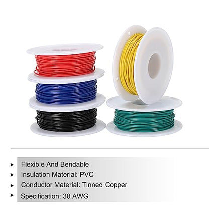 MECCANIXITY 30AWG Wire 30 Gauge Electrical Wire, PVC 1007 Stranded Wire Hook Up Wire Tinned Copper Wire 100m(328ft) 5 Colors for DIY Wiring Applications - size: 30AWG,328ft
