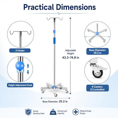 ChoJiah Rolling IV Poles IV Stands for Home and Daily Use, 39.37'' to 74.80 Adjustable Height