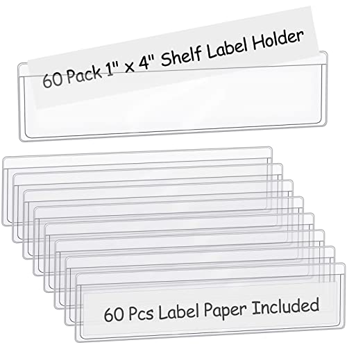 60 Pack 1.2" x 4.3" Self Adhesive Label Holders with 60Pcs Paper Label Inserts, Shelf Tag Label Holder Clear Pockets for Bookshelf Mailbox Shelves Storage Bins - size: 1 x 4 Inches