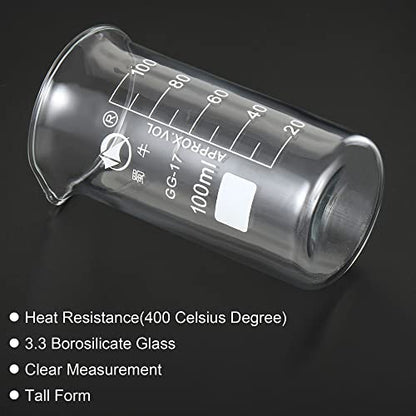 PATIKIL 100ml Tall Form Glass Beaker, 3.3 Borosilicate Glass Graduated Printed Scale Measuring Cups with Spout for Kitchen Lab Liquids Transit Boiling - size: 100ml