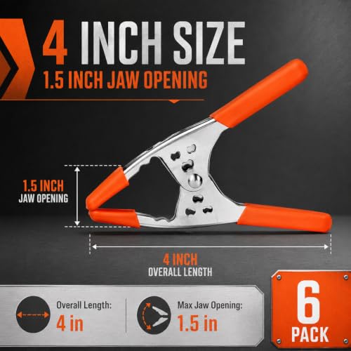 4 Inch Spring Clamps, Heavy-Duty Clips, 1.5 Inch Jaw, Orange, 6 PCS