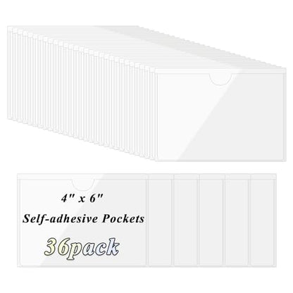 Antner 36 Pack Self-Adhesive Index Card Pockets for 4" x 6" Card, Top Open for Loading Clear Plastic Tote Bag Labels Holders for Organizing, Storage Bins, Library, Photos, Shelves (4.5 x 6.3 Inch) - size: 4" x 6" - 36PCS