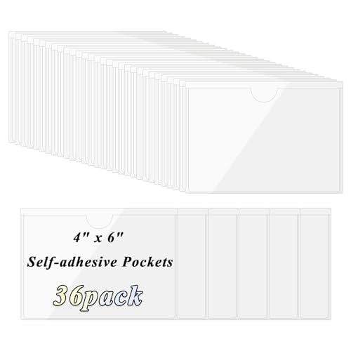 Antner 36 Pack Self-Adhesive Index Card Pockets for 4" x 6" Card, Top Open for Loading Clear Plastic Tote Bag Labels Holders for Organizing, Storage Bins, Library, Photos, Shelves (4.5 x 6.3 Inch) - size: 4" x 6" - 36PCS