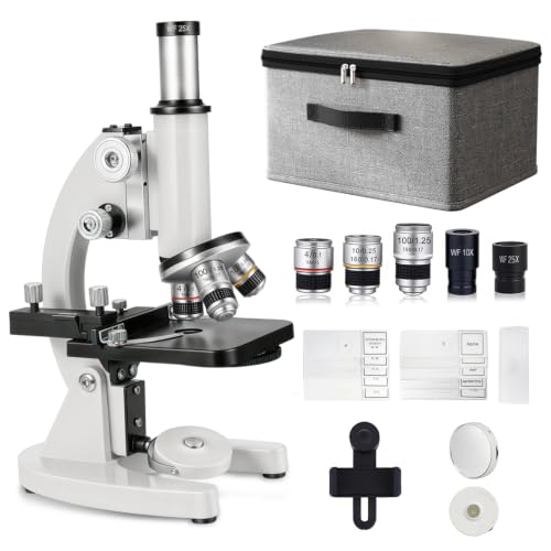 2500X Compound Microscope for Students, Advanced STEM Microscope with WF10X/WF25X Eyepieces & 4X 10X 100X Objectives, All Metal Aluminum Alloy Body, LED Illumination for School Lab & Homeschool