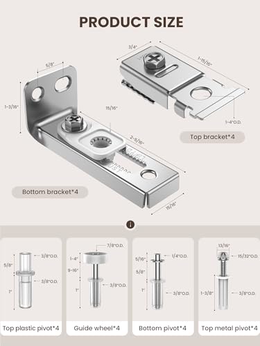 Bifold Door Hardware Repair Kit - 4 Pack Bi-fold Closet Barn Door Hardware Kit for 7/8" to 1" Track, Folding Pocket Door Replacement Parts Set Include Top Bottom Pivots Bracket and Guide Wheel (4Pack) - size: 4Pack