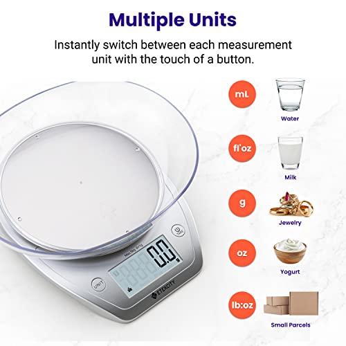 Etekcity 0.1g Food Kitchen Scale, Bowl, Digital Grams and Ounces for Weight Loss, Dieting, Baking, Cooking, and Meal Prep, 11lb/5kg, Stainless Steel Silver - color: Arctic Sliver, size: 11lb