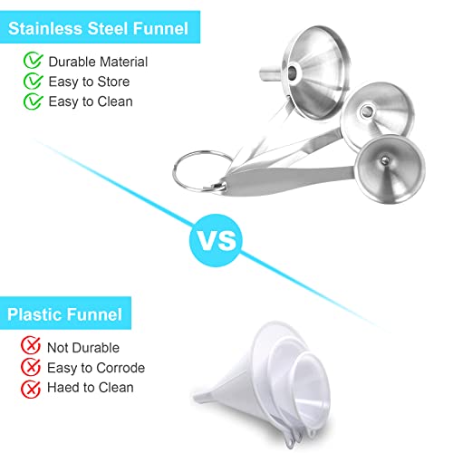 Large Small Funnel Set of 3, Food Grade Mini Funnels for Kitchen Use Filling Bottles Liquor Flask Tiny Spice Cooking Powder, 6Pcs Metal Stainless Steel Funnel (Long Handle), 2Pcs Cleaning Brushes YLYL