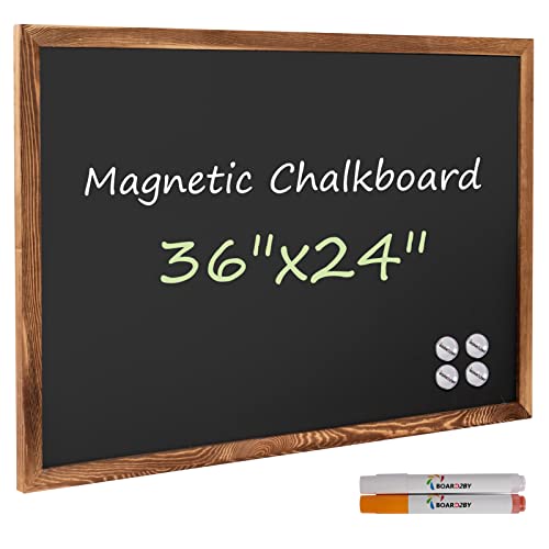 Rustic Wood Framed Magnetic Chalkboard 24 x 36, Large Hanging Chalk Board Sign for Kids, Non-Porous Wall Blackboard for Wedding Kitchen Restaurant Menu and Home with 4 Unique Magnets, Brown - color: Brown