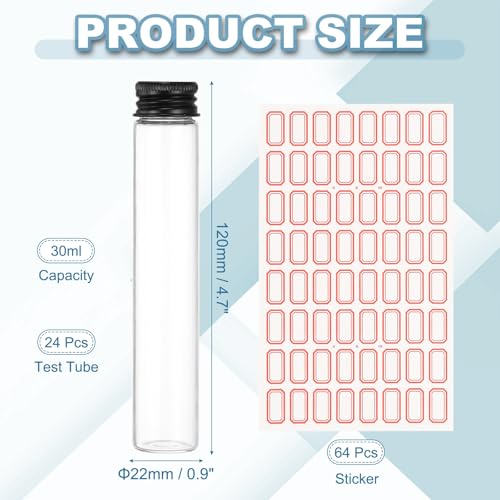 PATIKIL 30ml Test Tubes with Caps, 24Pcs 22x120mm Glass Clear Flat Bottom Test Tube Containers with Plastic Cap for Bead Party Candy Bath Salt Storage Scientific Experiment Plant(Black) - color: Black, size: 22x120mm