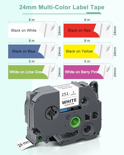 6-Pack 24mm 0.94" Label Tape Colored Compatible for Brother Tape 1 Inch - color: Black on White/Red/Blue/Yellow/White on Berry Pink/Lime Green, size: 0.94 inch (24mm)