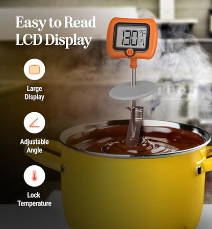 Digital Candy Thermometer with Pot Clip, 10" Long Stainless Steel Probe, Instant Read Kitchen Thermometer for Cooking, Baking, and Candy Making - color: Orange