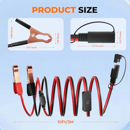 CASMAN 10FT SAE to Battery Alligator Clips Cable,12V SAE 2Pin Quick Disconnect Crocodile Cable with 15A Fuse for Solar Power, Battery, Motorcycle, Car, RV, TruckWater Resistant (14AWG 10FT) - size: 14AWG 10FT