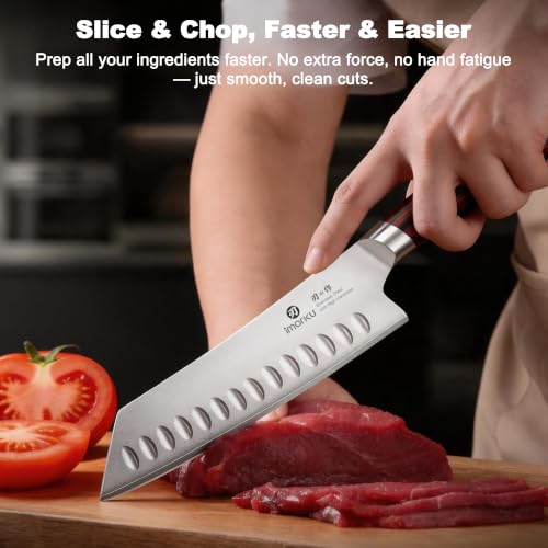 imarku Japanese Santoku Knife 7 Inch, 10Cr15CoMoV 3-Layer Stainless Steel - color: Arctic Silver