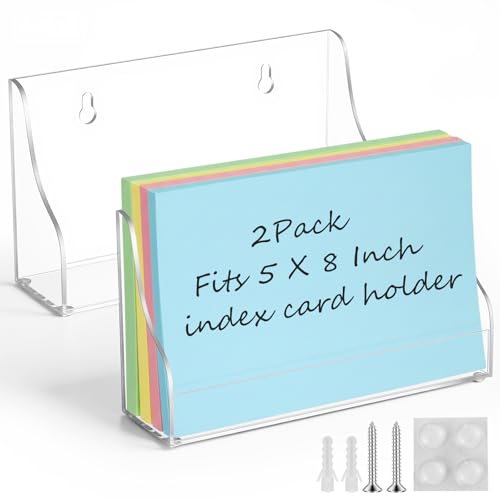 Dunzoom 2 Pack 5x8 Index Card Holder, 2-in-1 Desk & Wall Mounted Acrylic Index Card Display Stand, Includes Screws & Anchors, Clear Notecard Organizer for Back to School, Classroom, Office Study - size: 5 x 8 Inch