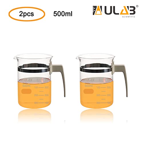 Glass Beaker with Handle, Vol. 500ml, 3.3 Borosilicate Griffin Low Form with Printed Graduation,Pack of 2, UBG1050 - style: 2pcs of Vol.500ml with handle
