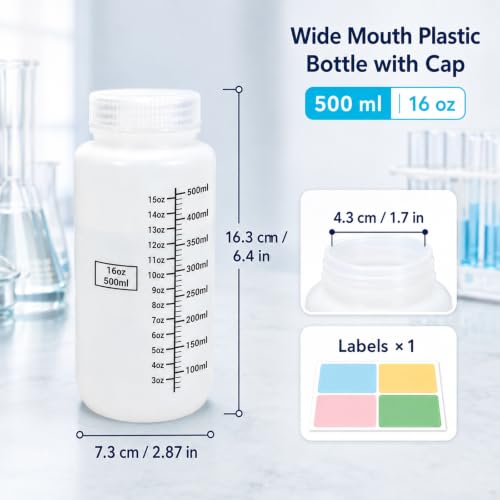 METAPACK 16 oz/500 ml Wide Mouth Plastic Bottles with Airtight Lids, Graduated Food Grade HDPE Sample Containers, Leakproof for Water, Lab Liquids, Medicine and Powder Storage, Translucent, 5 Pack - size: 16oz