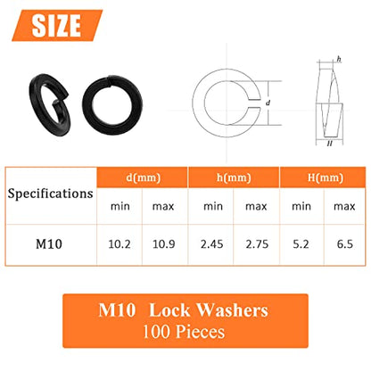 HELIFOUNER 100 Pieces 8.8 Grade Alloy Steel M10 Split Lock Washers, Spring Lock Washers for Screws Bolts, Black - color: Black, size: M10 (100 PCS)