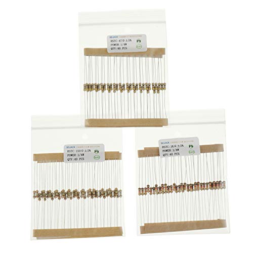 BOJACK 1000 Pcs 25 Values Resistor Kit 1 Ohm-1M Ohm with 5% 1/4W Carbon Film Resistors Assortment - size: 1/4 W