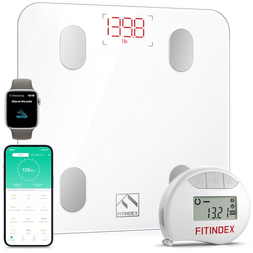 FITINDEX Smart Scale and Tape Measure, Digital Bathroom Scale & Body Tape Measure Sync with APP, Bluetooth Weighing Machine, Body Composition Analyzer, for Health Care - color: White Bluetooth Scale+Tape, size: 10.2 inches