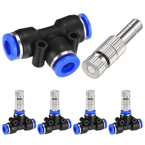 M METERXITY 5-Set Brass Misting Nozzles Tees Kit, 0.024"/0.6mm Orifice Mister Replacement Nozzles with Filter Mesh for Outdoor Cooling System/Greenhouse, 1/4" Water Misting Nozzle Tees Kits - size: 0.024"/0.6mm