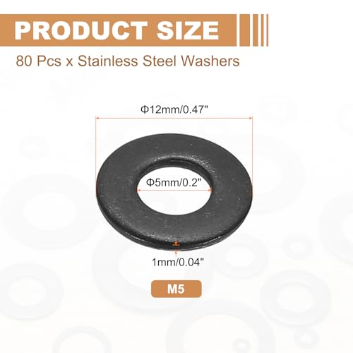 PATIKIL 80pcs M5 Stainless Steel Washers M5x12x1mm Flat Washers Metal - size: M5x12x1